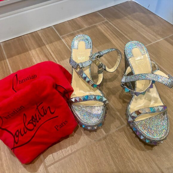 Christian Louboutin Pyraclou Metallic Spike Wedge Platform Sandal Size 38 - Picture 2 of 12